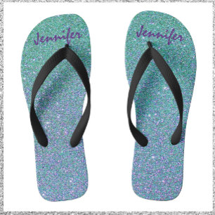Modern Trendy Glitter Blue Green & Purple Flip Flops