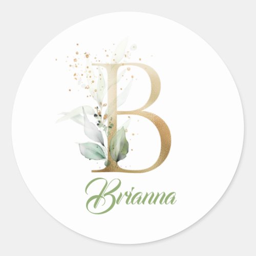 Modern trendy gold B monogram green and gold foil  Classic Round Sticker