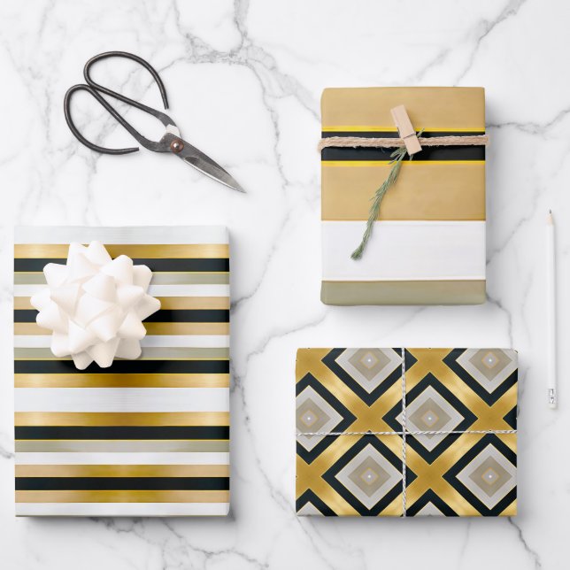 Modern Trendy Gold Black and White Geometric Wrapping Paper Sheets (Front)