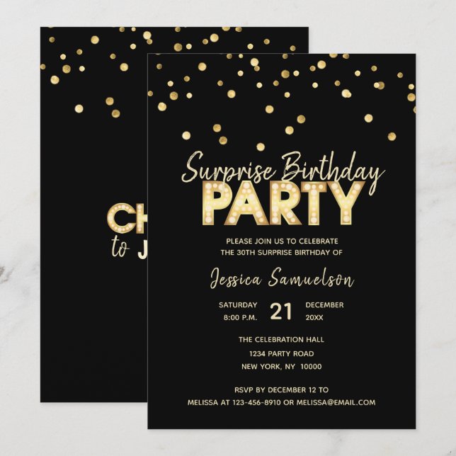 Modern Trendy Gold Black SURPRISE BIRTHDAY PARTY Invitation (Front/Back)