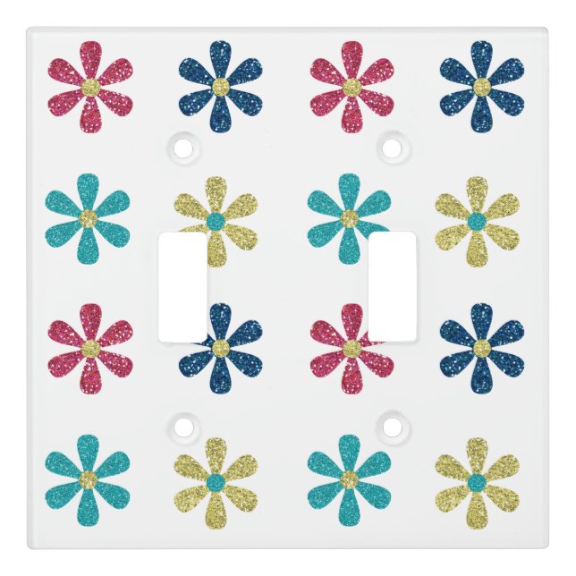 Modern & Trendy Gold Blue Glitter Flowers Light Switch Cover (Front)