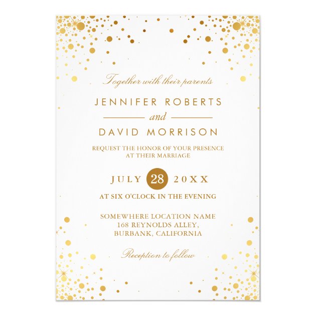 Modern Trendy Gold Confetti Dots Wedding Photo Card