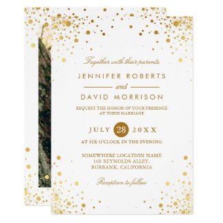 Modern Trendy Gold Confetti Dots Wedding Photo Invitation