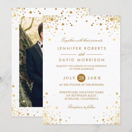 Modern Trendy Gold Confetti Dots Wedding Photo Card