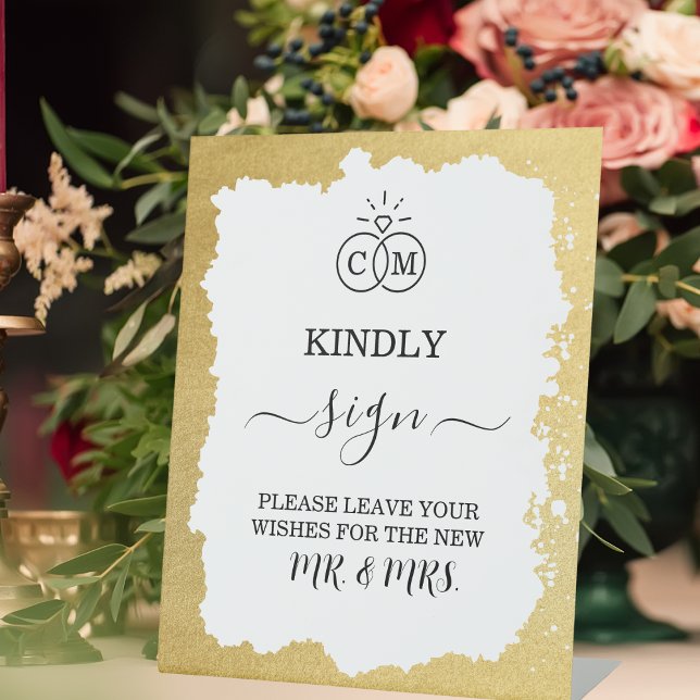 Modern Trendy Gold Frame Wedding Guest Book  Pedestal Sign (Creator Uploaded)