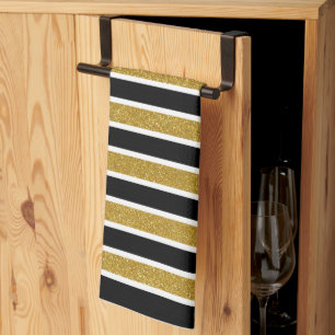 Modern Trendy Gold Glitter Black White Stripes Kitchen Towel