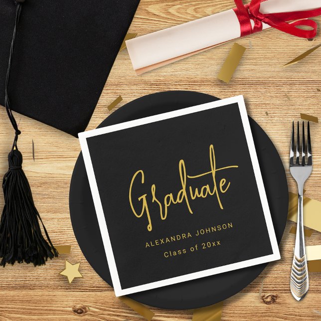 Modern Trendy Gold Script Graduation Party Custom Napkins (Trendy modern gold script graduation party custom black and white paper napkins With graduate name)