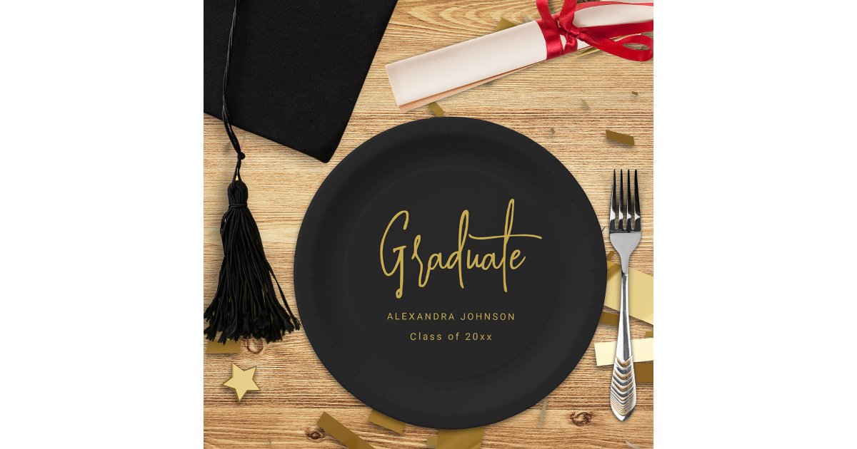 Modern Trendy Gold Script Graduation Party Custom Paper Plates | Zazzle