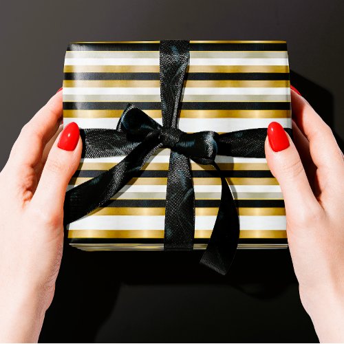Modern Trendy Gold Silver Black Stripes Wrapping Paper