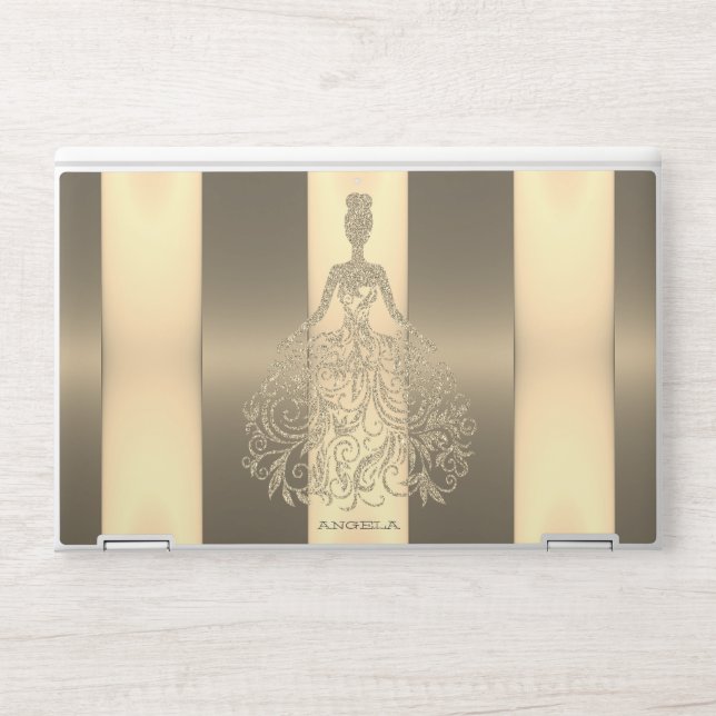 Modern Trendy  Gold  Striped Glitter Dress HP Laptop Skin (Front)
