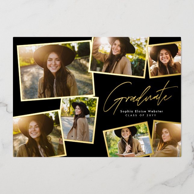 Modern trendy graduate 7 photo graduation foil invitation (Front)