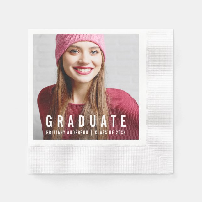 Modern Trendy Graduation Party Photo Name Napkins (Front)