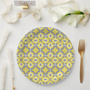 Modern Trendy Gray and White Mosaic Pattern Paper Plates
