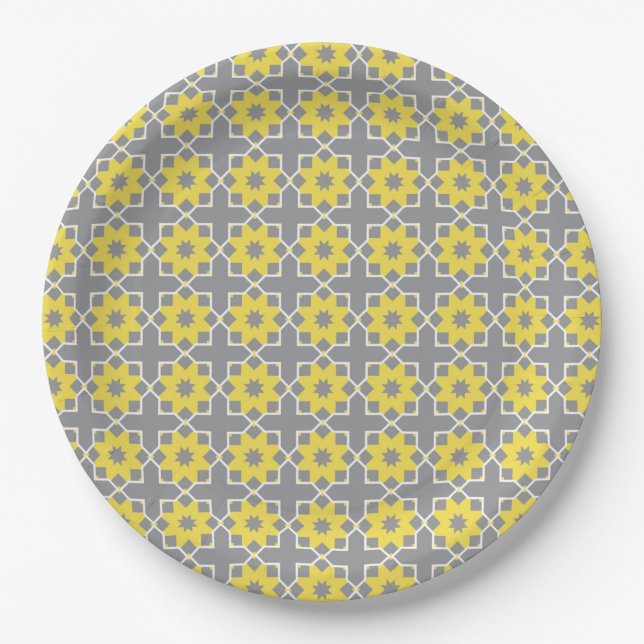 Modern Trendy Gray and Yellow Flowers  Paper Plates (Front)