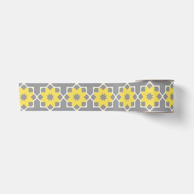 Modern Trendy Gray and Yellow Flowers  Satin Ribbon (Front)
