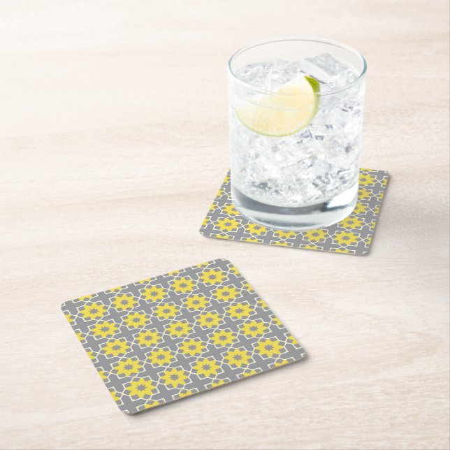 Modern Trendy Gray and Yellow Flowers  Square Paper Coaster (Insitu)