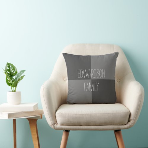 Modern trendy gray pattern family name throw pillow