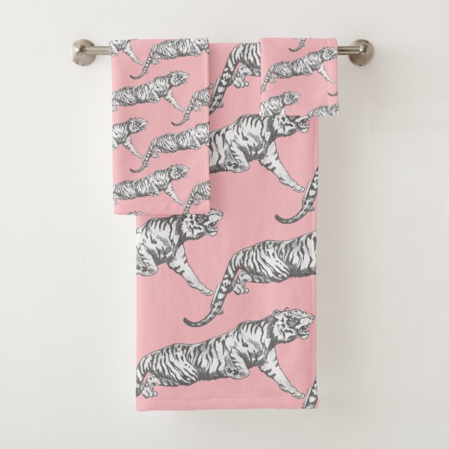 Modern Trendy Gray Tiger on Pink Bath Towel Set (Insitu)