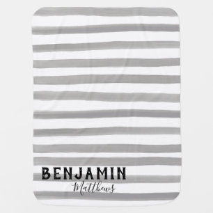 Modern Trendy Gray White Stripe Watercolor Boy Baby Blanket