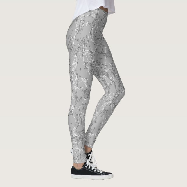 Modern Trendy Gray Wildflower Pattern Leggings (Right)