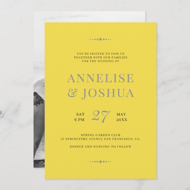 Modern trendy gray yellow simple photo wedding invitation (Front/Back)