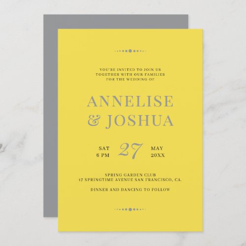 Modern trendy gray yellow typography wedding invitation