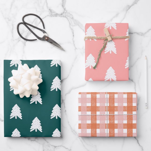 Modern Trendy Green Blush Pink Christmas Wrapping Paper Sheets (Front)