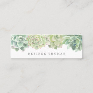 Modern Trendy Green Watercolor Succulents Mini Business Card