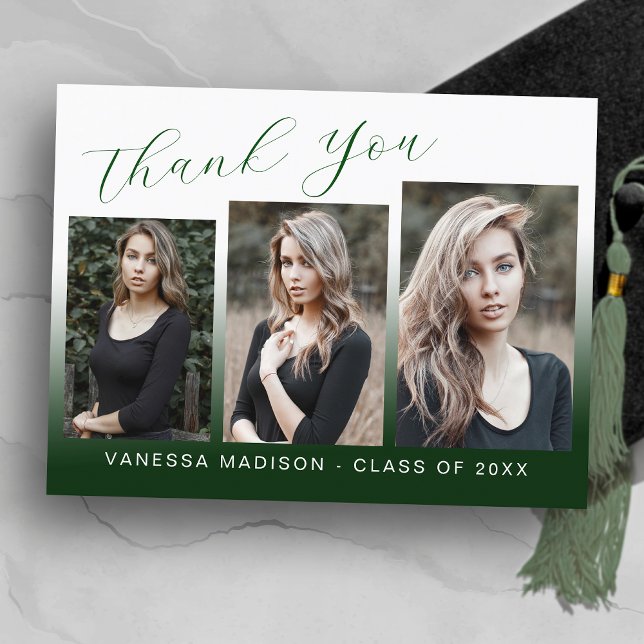 Modern Trendy Green & White 3 Photo Grad Thank You Postcard (Creator Uploaded)