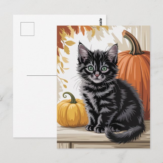 Modern Trendy Halloween Pumpkins and Black Cat  Postcard (Front/Back)