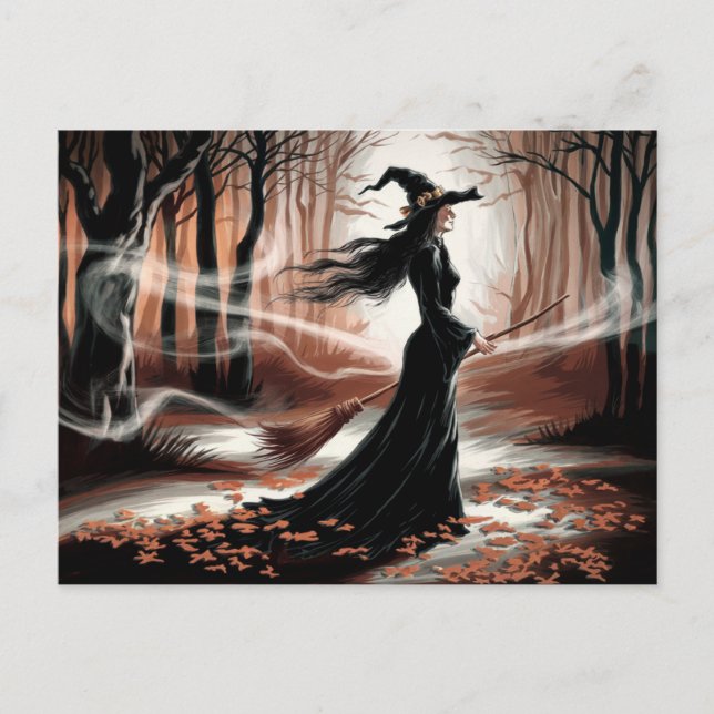 Modern Trendy Halloween Witch in Forest            Postcard (Front)