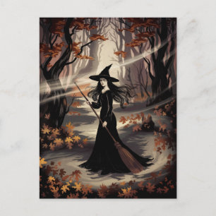 Modern Trendy Halloween Witch in Forest Postcard