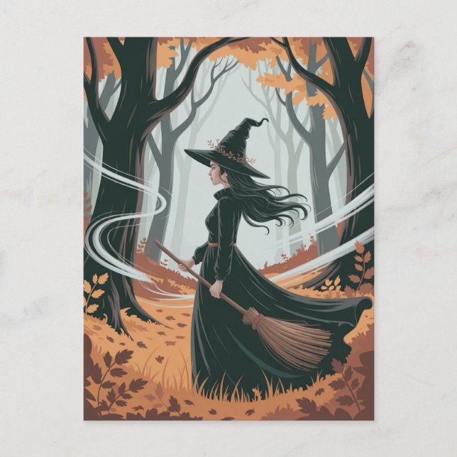 Modern Trendy Halloween Witch in Forest            Postcard (Front)