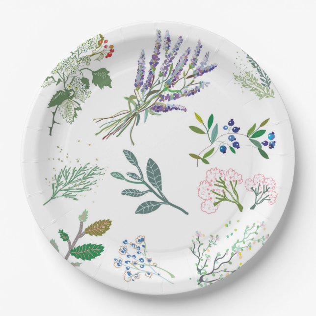 Modern trendy Herbs and foliage green and white Paper Plates (Front)