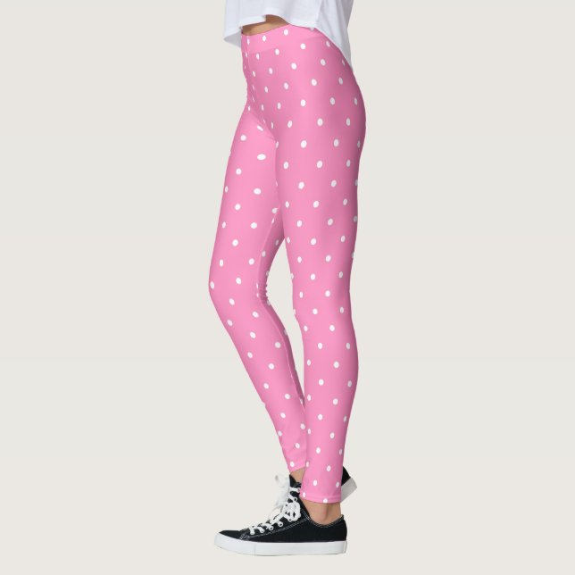 Modern Trendy Hot Pink White Circles Dots Elegant Leggings (Left)