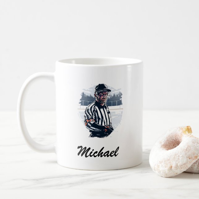 Modern Trendy Ice Hockey Referee Personalized  Coffee Mug (With Donut)