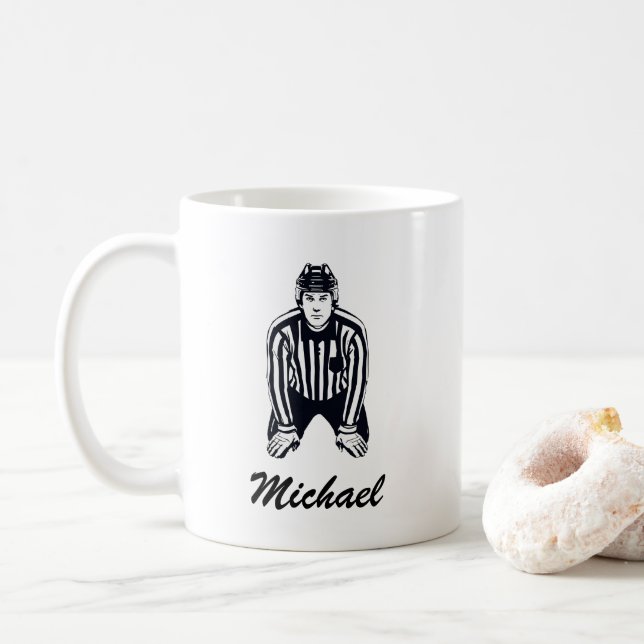 Modern Trendy Ice Hockey Referee Personalized  Coffee Mug (With Donut)