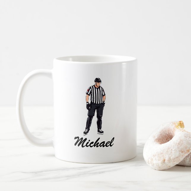 Modern Trendy Ice Hockey Referee Personalized  Coffee Mug (With Donut)