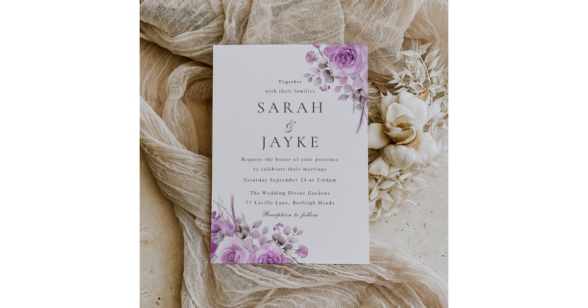 Modern Trendy Lavender Rose Boho Floral Wedding Invitation | Zazzle