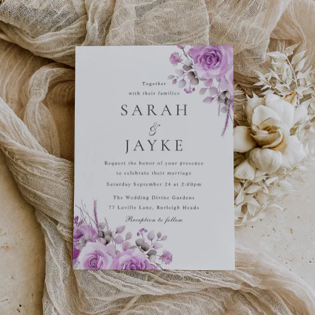 Modern Trendy Lavender Rose Boho Floral Wedding Invitation | Zazzle