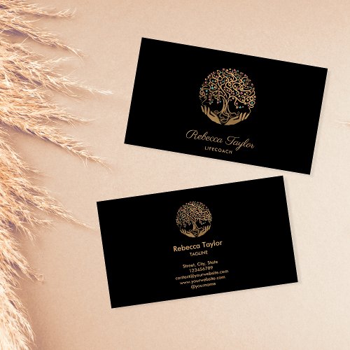 modern trendy life coach tree of life gold yoga  b business card