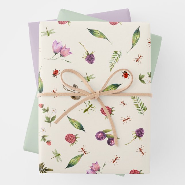 Modern Trendy Lilac Woodland Wildflowers Insects Wrapping Paper Sheets (In situ)