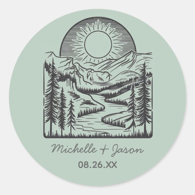 Modern Trendy Line Art Mountains Wedding           Classic Round Sticker (Front)