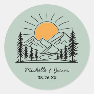 Modern Trendy Line Art Mountains Wedding           Classic Round Sticker
