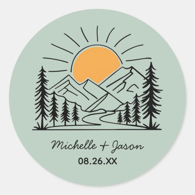 Modern Trendy Line Art Mountains Wedding           Classic Round Sticker (Front)