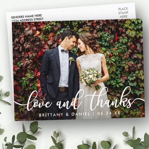 Modern Trendy Love and Thanks  Wedding Photo Postcard