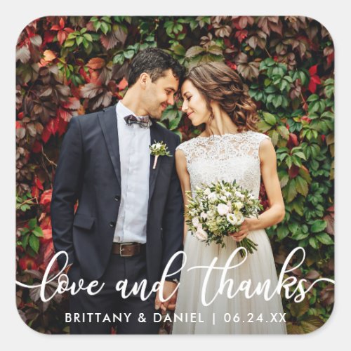 Modern Trendy Love and Thanks  Wedding Photo Square Sticker