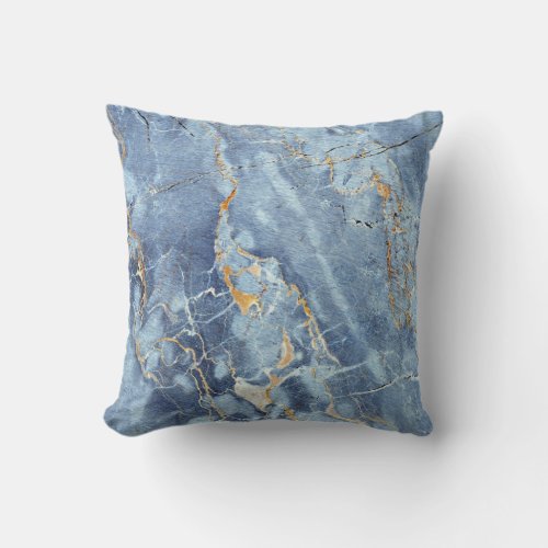 Modern Trendy Marble Pattern in Blue Gold Gray Throw Pillow