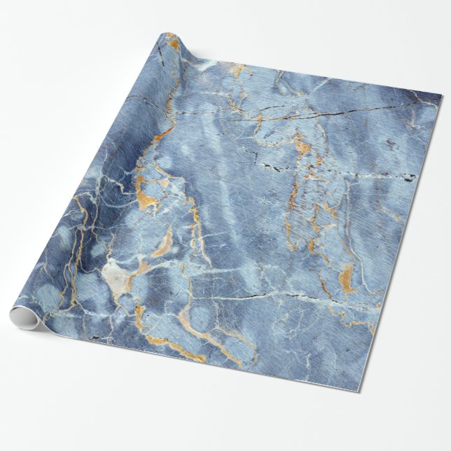 Modern Trendy Marble Pattern in Blue Gold Gray Wrapping Paper (Unrolled)