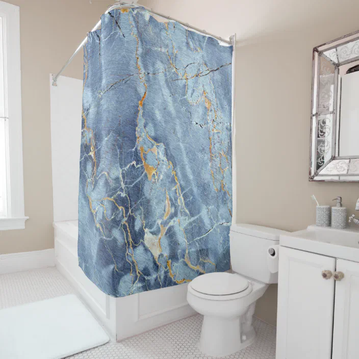 Modern Trendy Marble Pattern In Teal, Blue And Gold Marble Shower Curtain